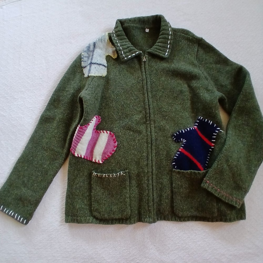 wool cottagecore vintage novelty mitten applique zip jacket green xl grandma